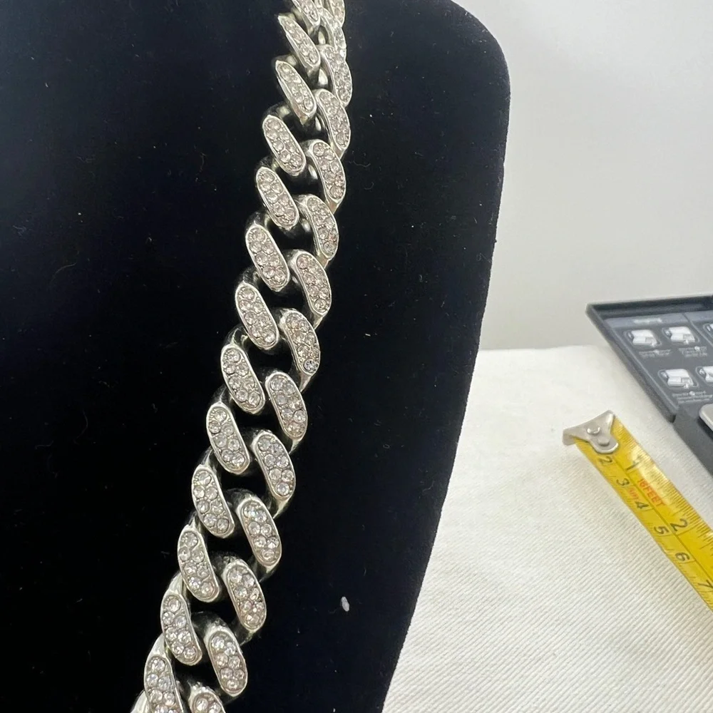 Miami Cuban Link Silver tone with rhinestones Necklace.